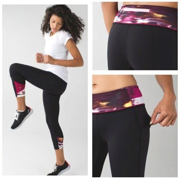 Lululemon Size 4 Pace Rival Crop Leggings Black Pigment Wind Berry Rumble Multi - Picture 2 of 12
